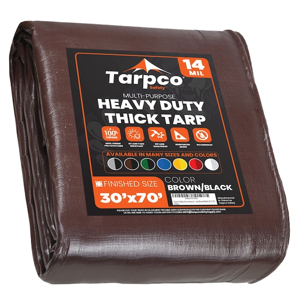Tarpco Safety Heavy Duty Tarp, 70 ft L x 0.5 mm H x 30 ft W, 14 Mil, Brown/Black, Polyethylene TS-102-30X70 - main